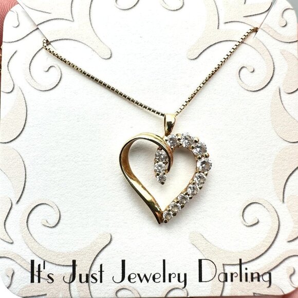 Womens Necklace 10K Yellow Gold Cubic Zirconia Heart Pendant Gift Idea for Her - Picture 1 of 9